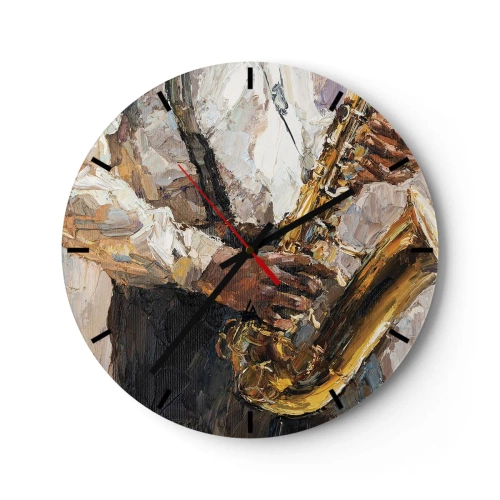 Wall clock - Clock on glass - An artistic painting depicting a musician playing the saxophone - 30x30cm - Time for a Solo - Modern wall decoration for the living room, kitchen, and bedroom ARTTOR