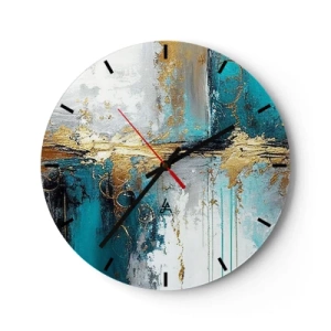 Wall clock - Clock on glass - Abstract paint strokes in turquoise, white, and gold - 30x30cm - Everything Flows - Modern wall decoration for the living room, kitchen, and bedroom ARTTOR