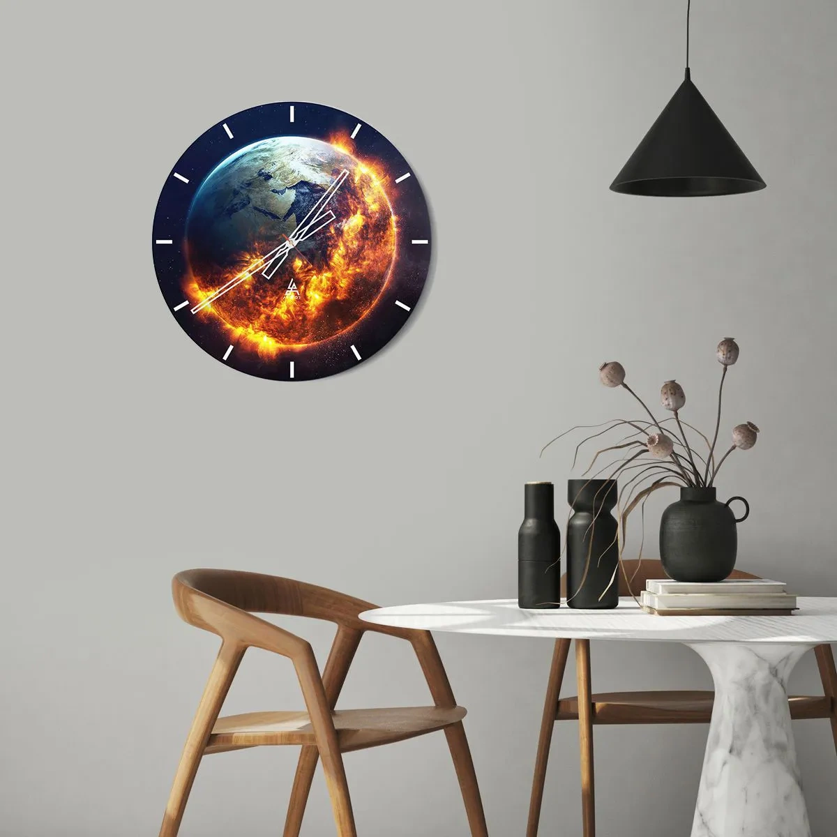 Wall clock - Clock on glass - Earth with a fiery space effect - 30x30cm - Flame of Apocalypse - Modern wall decoration for the living room, kitchen, and bedroom ARTTOR