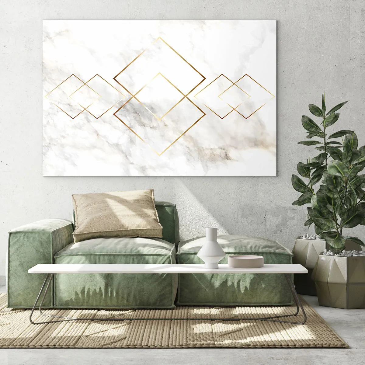 Glass picture - Geometric golden rhombuses on a white marble background - 70x50cm - View over Infinity - Modern wall decoration for the living room and bedroom ARTTOR