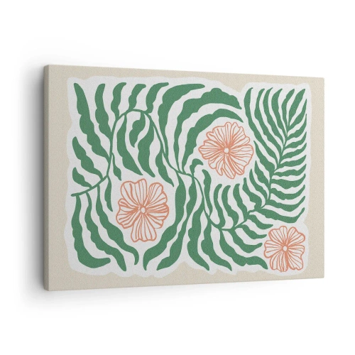 Canvas picture - A minimalist motif of green leaves with flowers in shades of orange. - 70x50cm - Blossoming in Green - Modern wall decoration for the living room and bedroom ARTTOR