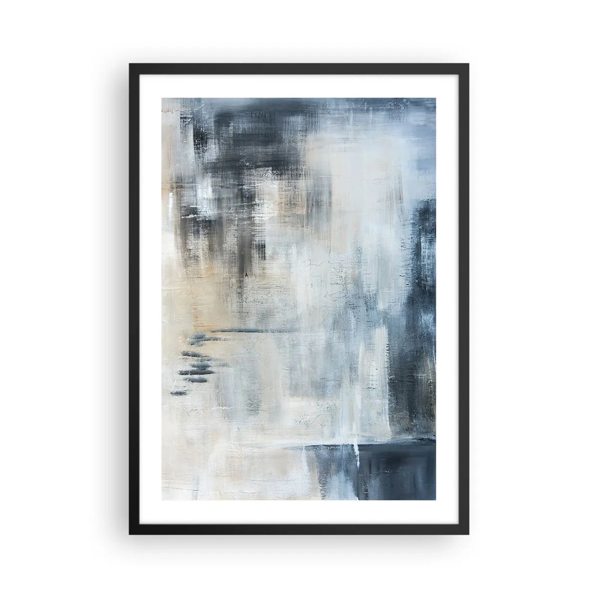 Poster in black frame - Abstract composition in shades of blue and beige - 50x70cm - Behind the Curtain of Blue - Modern wall decoration for the living room and bedroom ARTTOR