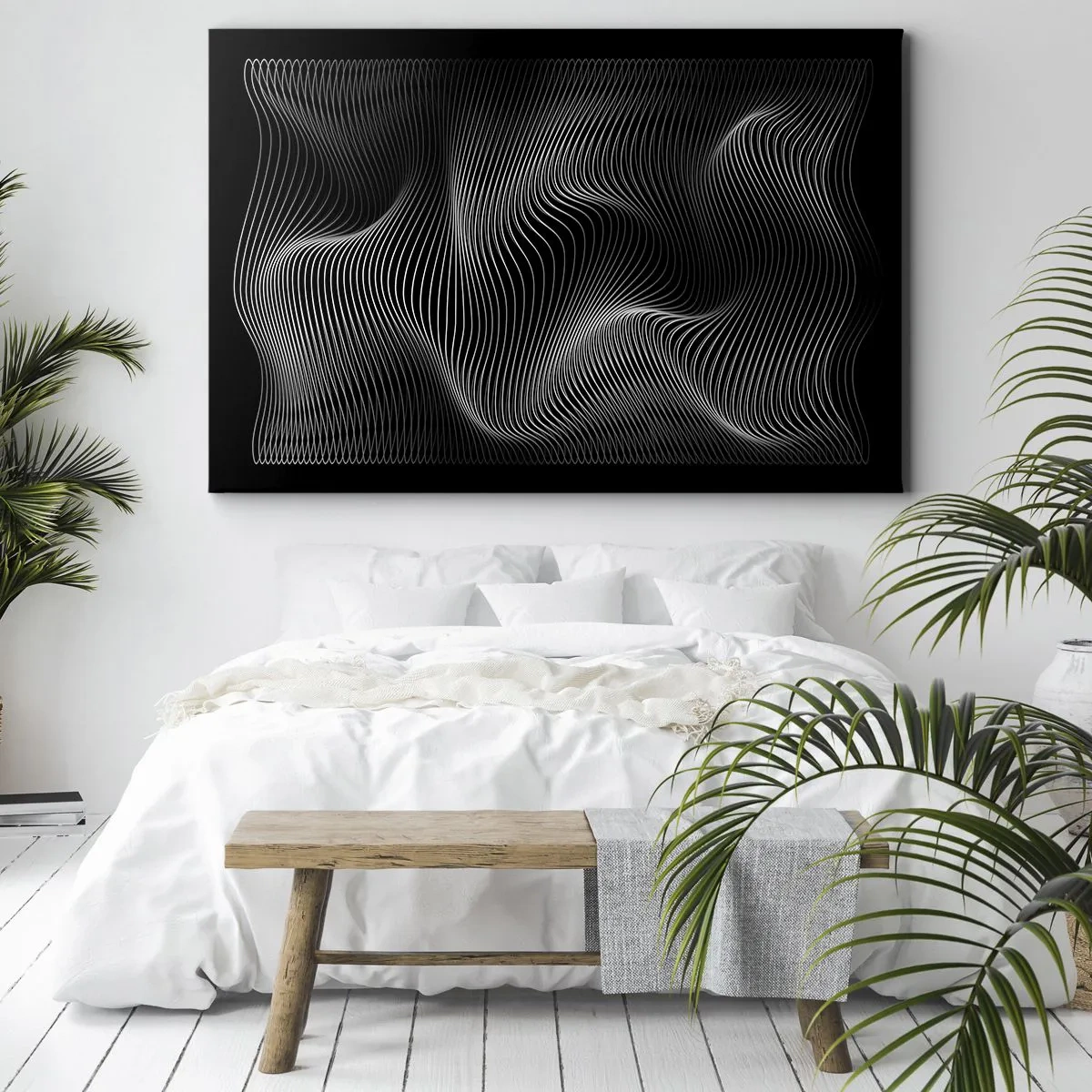 Canvas picture - Abstract white lines on a black background - 70x50cm - Dance of the Light in Space - Modern wall decoration for the living room and bedroom ARTTOR