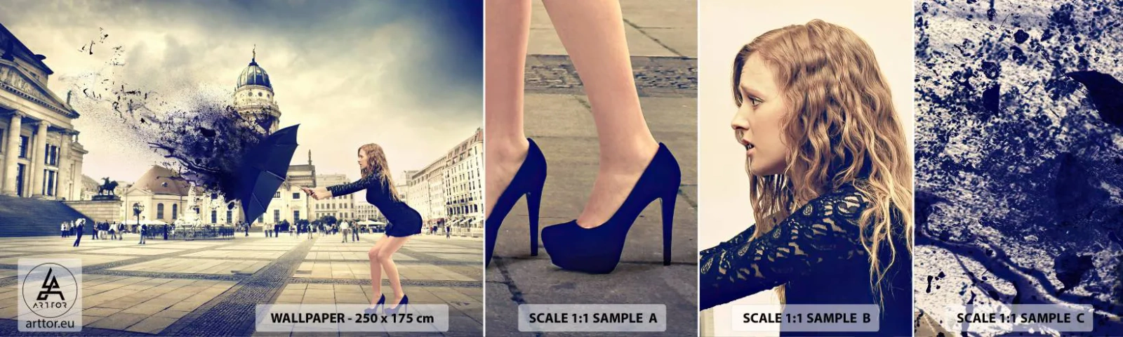 Photo Wallpaper Sample Self-Adhesive Deluxe Sticker - There Is a Wind... - Woman, City, Mysterious Umbrella - 100x30 cm