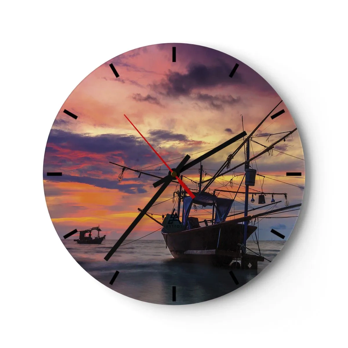 Wall clock - Clock on glass - A fishing boat against the backdrop of the setting sun - 30x30cm - Exotic Evening - Modern wall decoration for the living room, kitchen, and bedroom ARTTOR