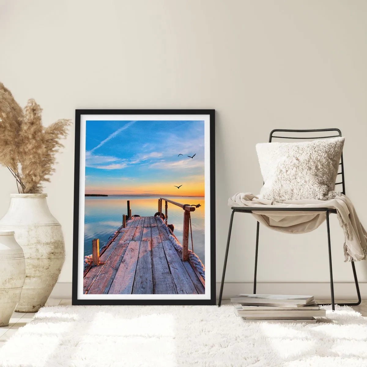 Poster in black frame - A pier at sunset over a calm lake - 50x70cm - Walk towards the Sun - Modern wall decoration for the living room and bedroom ARTTOR