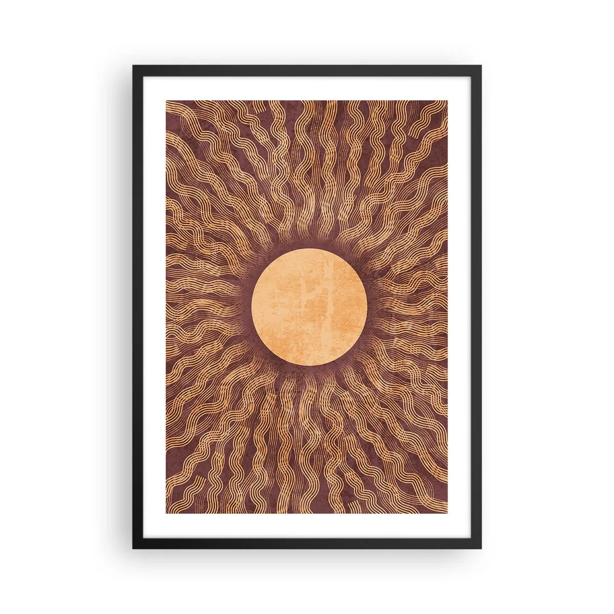 Poster in black frame - Stylized sun with rays in shades of gold and brown - 50x70cm - Sun Icon - Modern wall decoration for the living room and bedroom ARTTOR