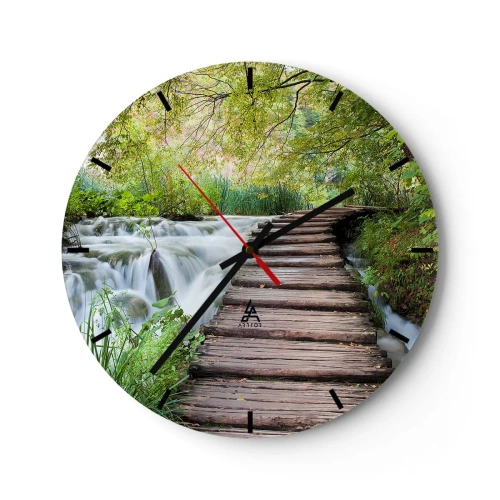 Wall clock - Clock on glass - A wooden bridge over a waterfall surrounded by greenery - 30x30cm - Not Such Quiet Water - Modern wall decoration for the living room, kitchen, and bedroom ARTTOR