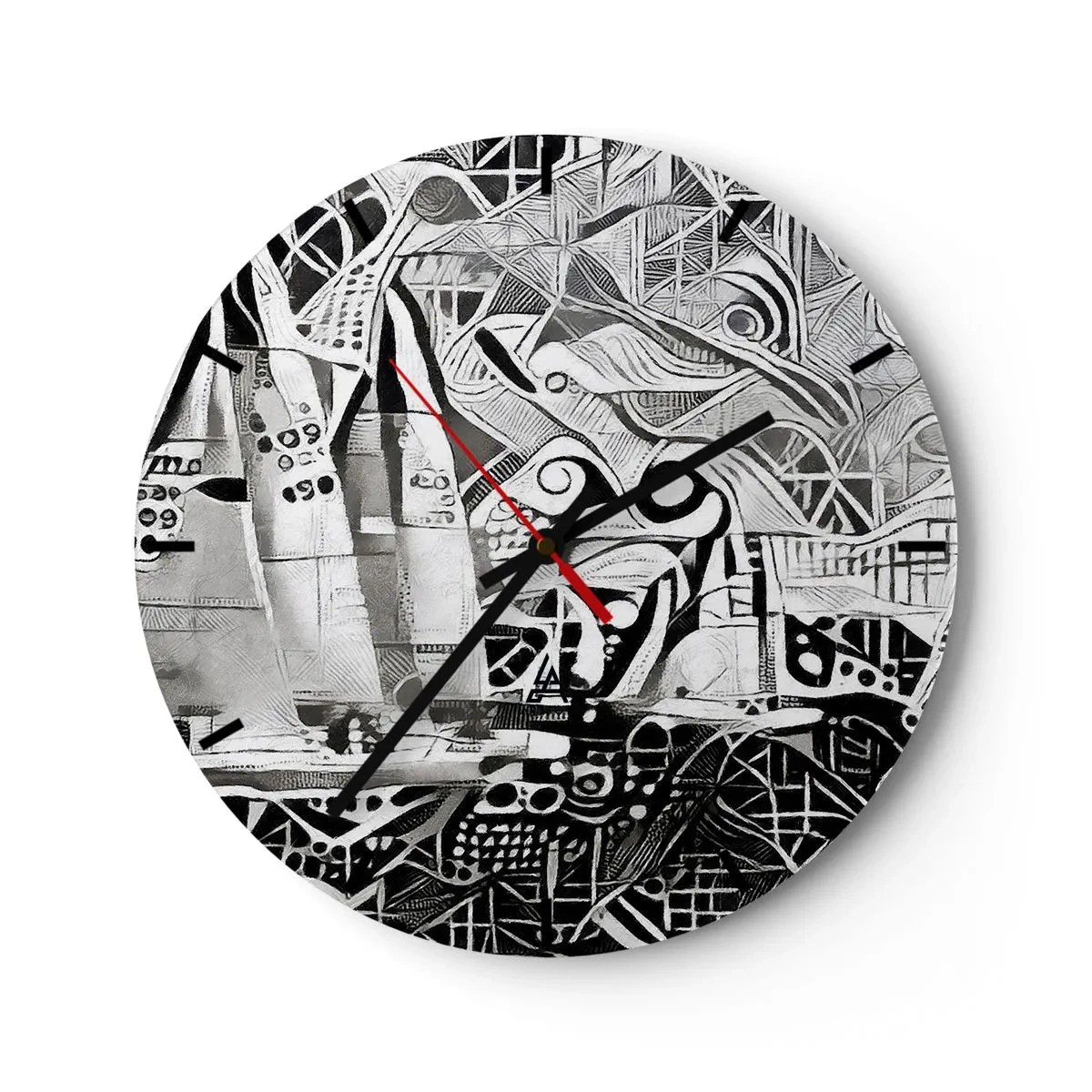 Wall clock - Clock on glass - Black and white abstract waves with geometric elements - 30x30cm - Between Waves - Modern wall decoration for the living room, kitchen, and bedroom ARTTOR
