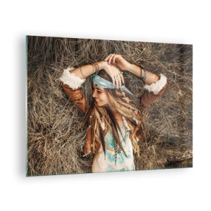 Glass picture - Boho style woman lying in hay smiling - 70x50cm - On the Way to the Summer of Love - Modern wall decoration for the living room and bedroom ARTTOR