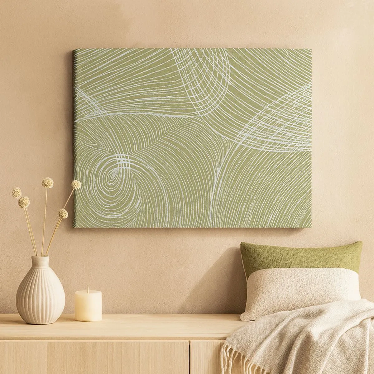 Canvas picture - Green and white lines in an abstract composition - 70x50cm - Intricate Abstract in White - Modern wall decoration for the living room and bedroom ARTTOR