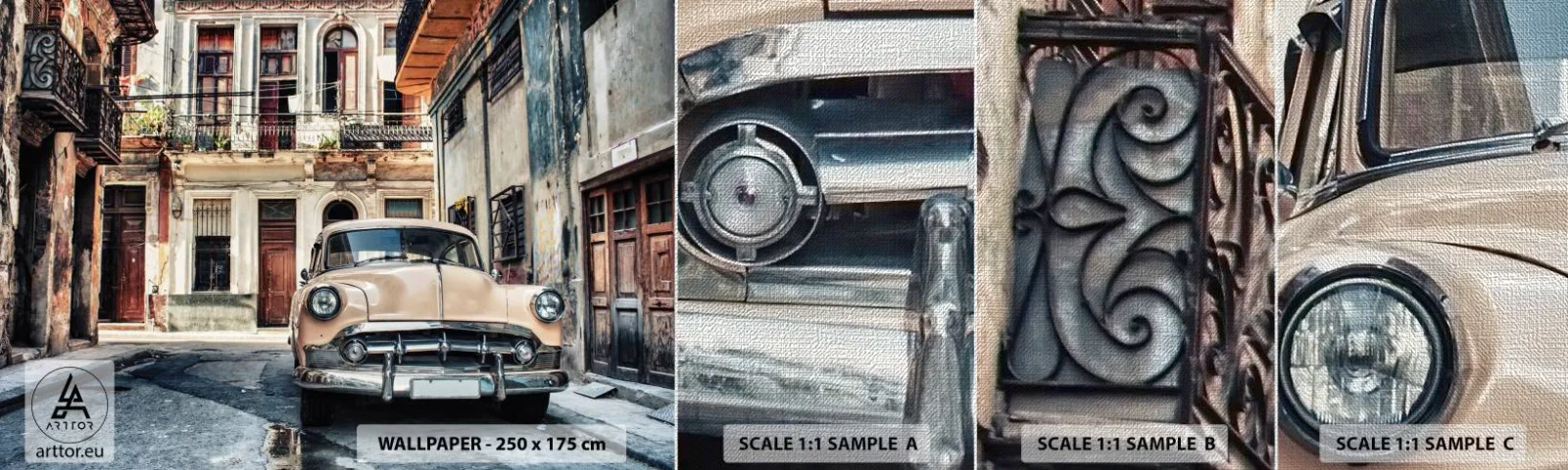 Photo Wallpaper Sample Premium Canvas - Siesta in Havana - Vintage car, Architecture, City - 100x30 cm