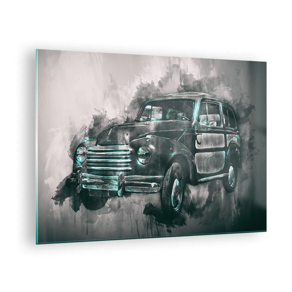 Glass picture - An old car in shades of gray and turquoise - 70x50cm - Distinguished Ancestor - Modern wall decoration for the living room and bedroom ARTTOR