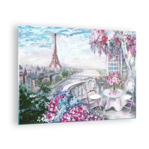 Glass picture - Illustration of a view of the Eiffel Tower with a balcony full of flowers - 70x50cm - Come Visit in May - Modern wall decoration for the living room and bedroom ARTTOR