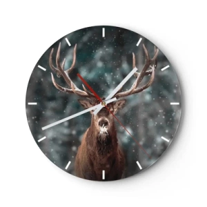 Wall clock - Clock on glass - A proud deer in a snowy forest with blurred trees in the background - 30x30cm - King of Forest Crowned - Modern wall decoration for the living room, kitchen, and bedroom ARTTOR