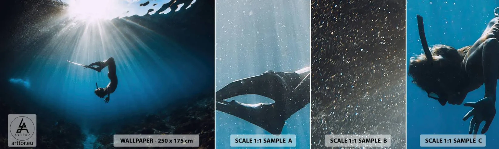 Photo Wallpaper Sample Standard Eco - Underwater dance - Underwater Cave, Rays of the sun, Diving - 100x30 cm