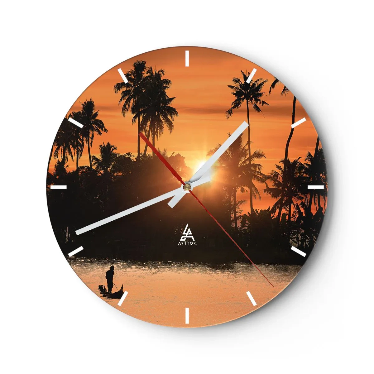 Wall clock - Clock on glass - Palm trees at sunset over calm water with the silhouette of a fisherman - 30x30cm - Time for Rest - Modern wall decoration for the living room, kitchen, and bedroom ARTTOR