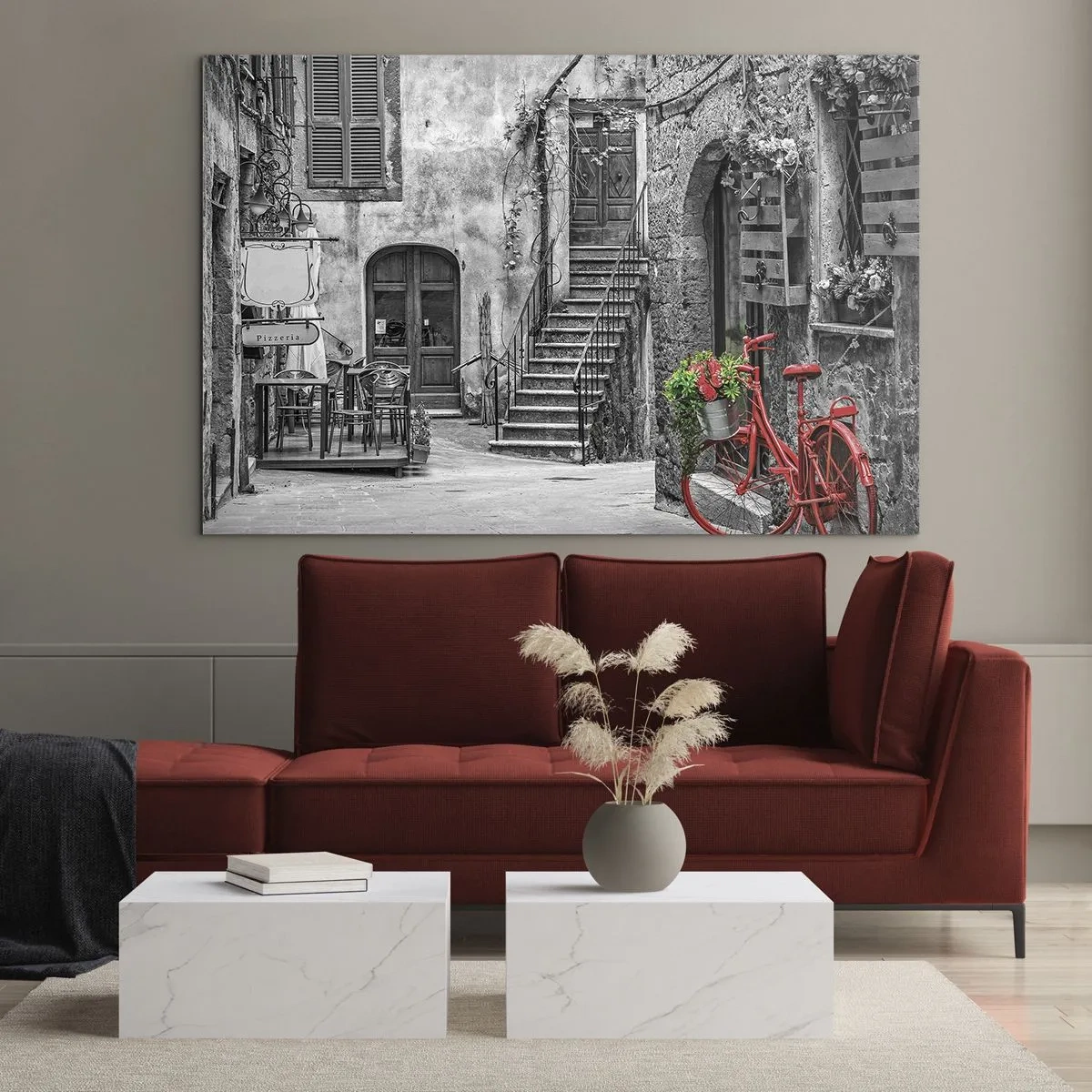 Glass picture - Black and white street with a red bicycle - 70x50cm - Tuscan Alley - Modern wall decoration for the living room and bedroom ARTTOR