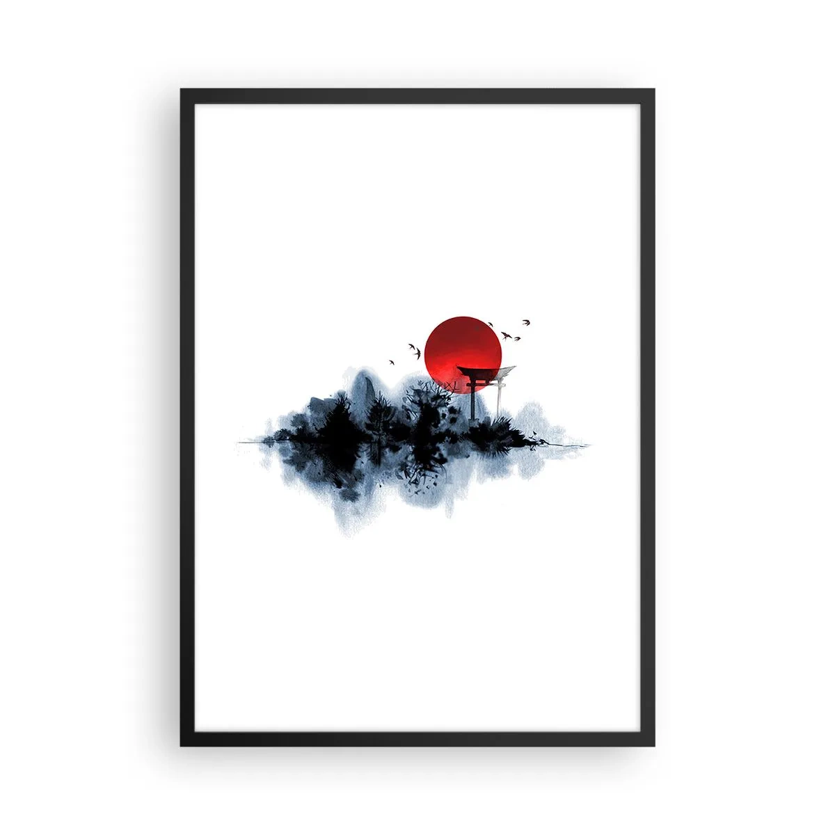 Poster in black frame - The red sun disc above the Japanese Torii gate - 50x70cm - Japanese View - Modern wall decoration for the living room and bedroom ARTTOR