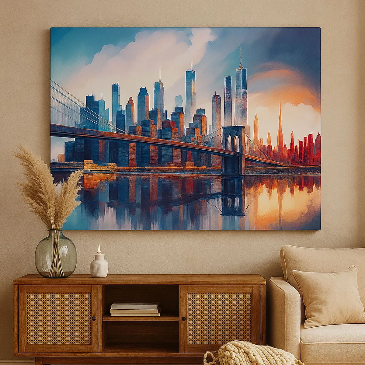 Canvas picture - New York City panorama with bridge and reflection in water - 70x50cm - Fabulous New York - Modern wall decoration for the living room and bedroom ARTTOR