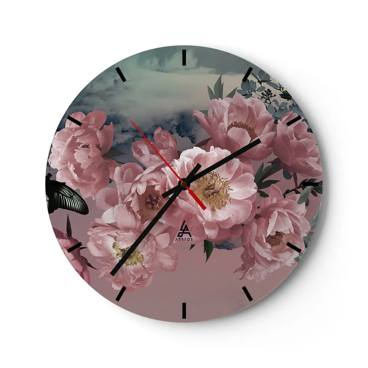 Wall clock - Clock on glass - Pink peonies against the sky with a subtle butterfly - 30x30cm - Peak of Romanticism - Modern wall decoration for the living room, kitchen, and bedroom ARTTOR