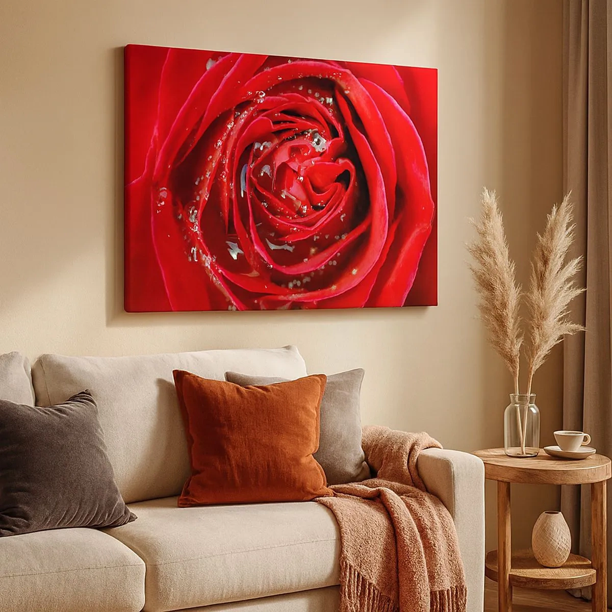 Canvas picture - Close-up of a red rose with water drops on the petals - 70x50cm - In Dew Drops - Modern wall decoration for the living room and bedroom ARTTOR