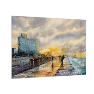 Glass picture - Watercolor seaside town with sunset - 70x50cm - Life On the Coast - Modern wall decoration for the living room and bedroom ARTTOR