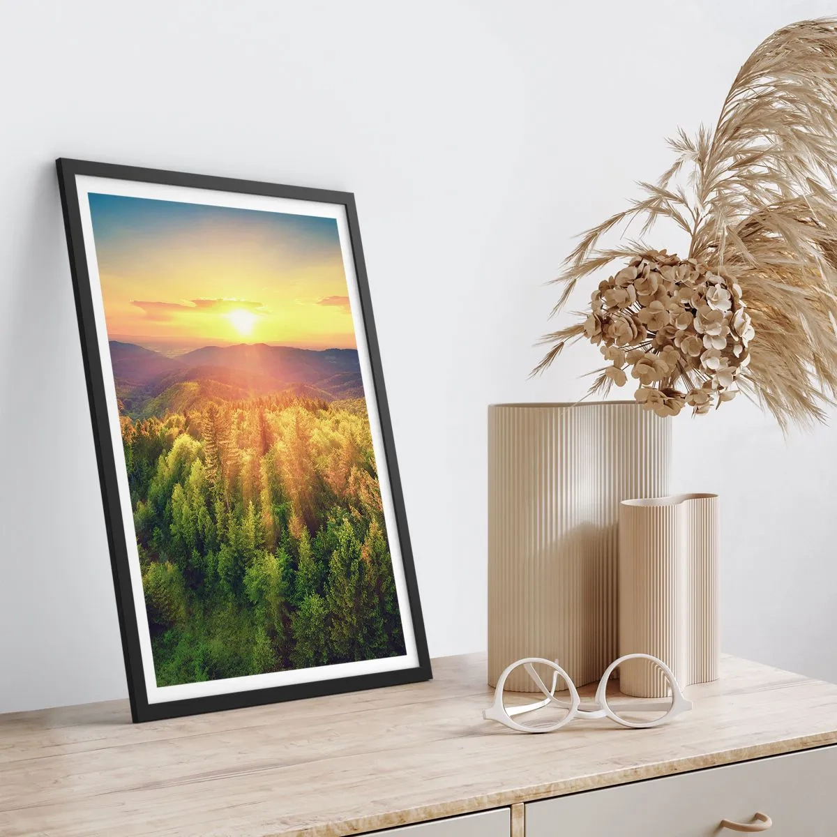 Poster in black frame - Sunset over a mountainous forest full of greenery - 50x70cm - Peaks and Summits - Modern wall decoration for the living room and bedroom ARTTOR