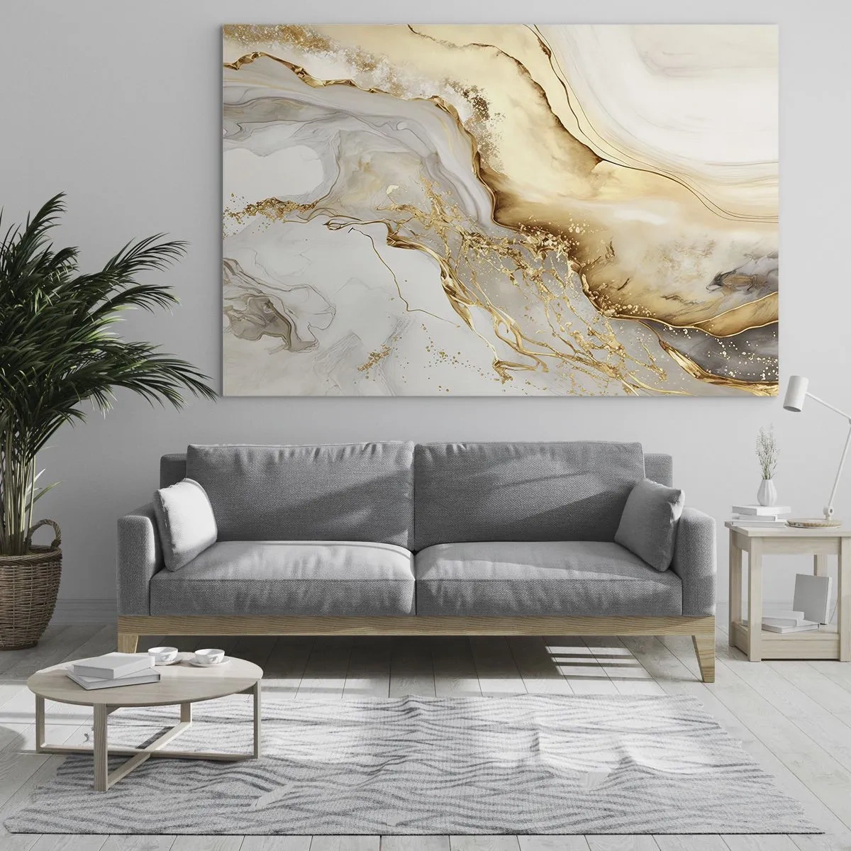 Glass picture - Gold and beige abstract streaks on a light background - 70x50cm - Abstract: Beauty and Good - Modern wall decoration for the living room and bedroom ARTTOR