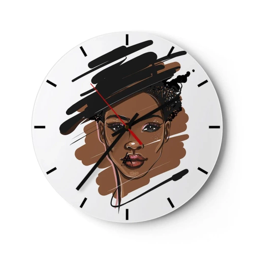 Wall clock - Clock on glass - Sketch style illustration of a woman's face on a white background - 30x30cm - Sweet Like Chocolate - Modern wall decoration for the living room, kitchen, and bedroom ARTTOR
