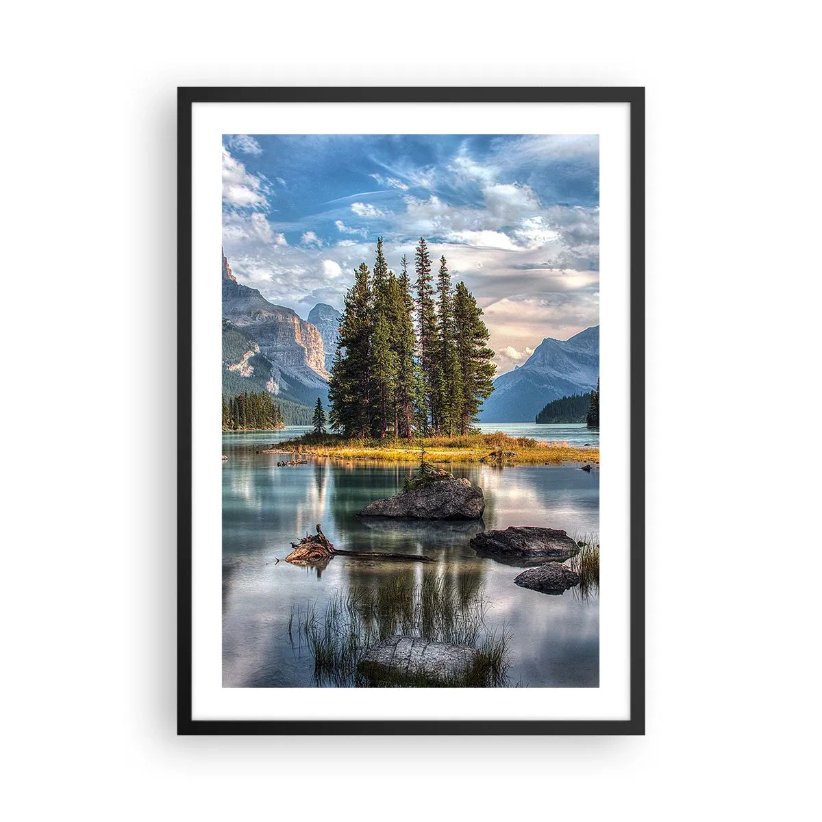 Poster in black frame - mountain landscape with an island surrounded by a calm lake - 50x70cm - By Big and Clear Waters - Modern wall decoration for the living room and bedroom ARTTOR