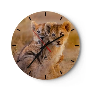 Wall clock - Clock on glass - Two lion cubs in their natural savannah habitat - 30x30cm - Do Not Disturb! We Are Playing - Modern wall decoration for the living room, kitchen, and bedroom ARTTOR