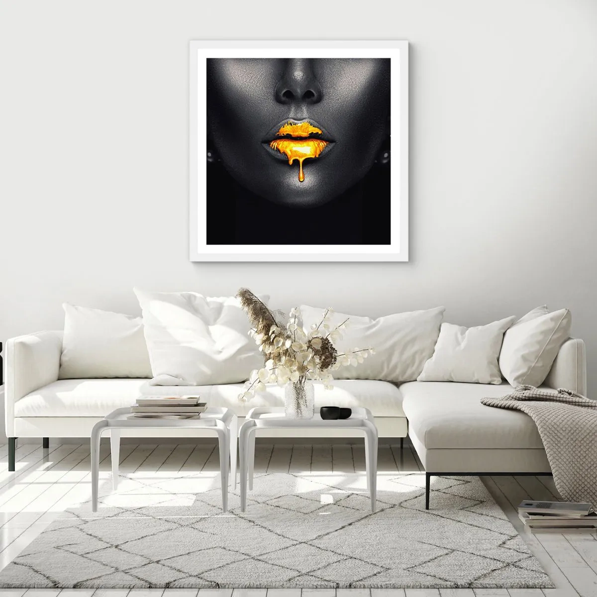 Poster in white frmae - Golden Lips - 50x50 cm