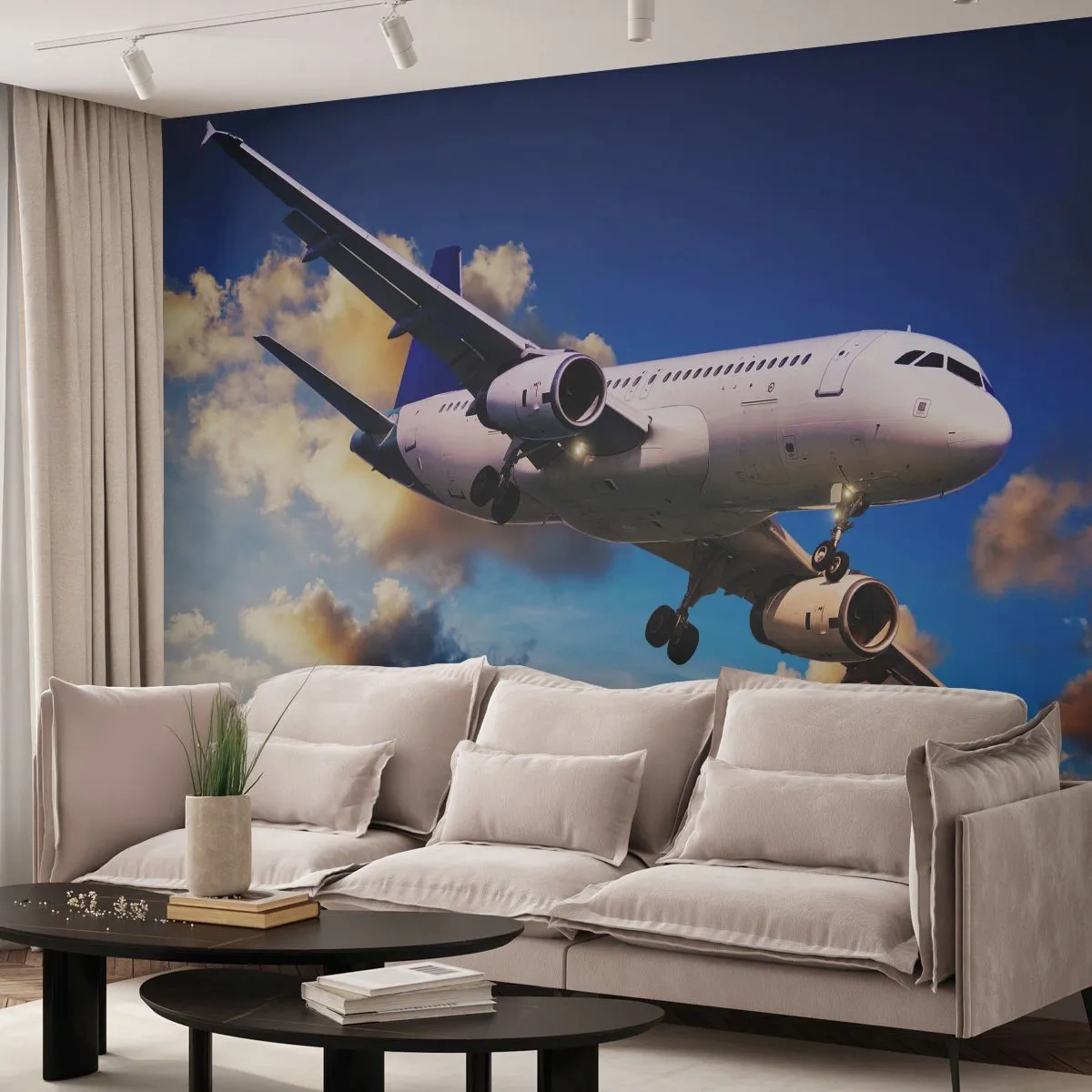Self-Adhesive Photo Wallpaper Deluxe Sticker - Journey in White and Blue - Plane, Trip, Sky With Clouds - 250x175 cm