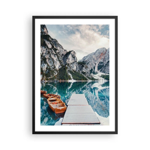 Poster in black frame - A mountain lake with wooden boats and a pier - 50x70cm - We Will Show You Beauty - Modern wall decoration for the living room and bedroom ARTTOR