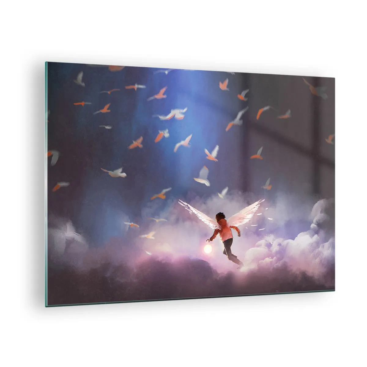 Glass picture - A figure with angel wings floating among the clouds - 70x50cm - You Need to Have Imagination and Courage - Modern wall decoration for the living room and bedroom ARTTOR