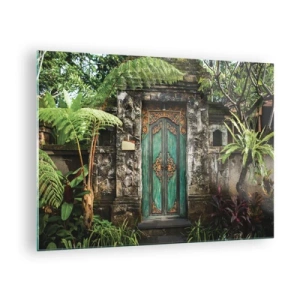 Glass picture - Ornate turquoise door in a stone wall surrounded by tropical vegetation - 70x50cm - Door to Exotic World - Modern wall decoration for the living room and bedroom ARTTOR