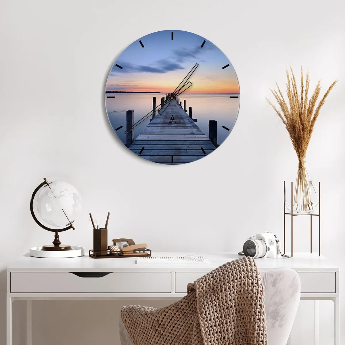 Wall clock - Clock on glass - A wooden jetty at sunset over a calm lake - 30x30cm - Calm of a Quiet Dusk - Modern wall decoration for the living room, kitchen, and bedroom ARTTOR
