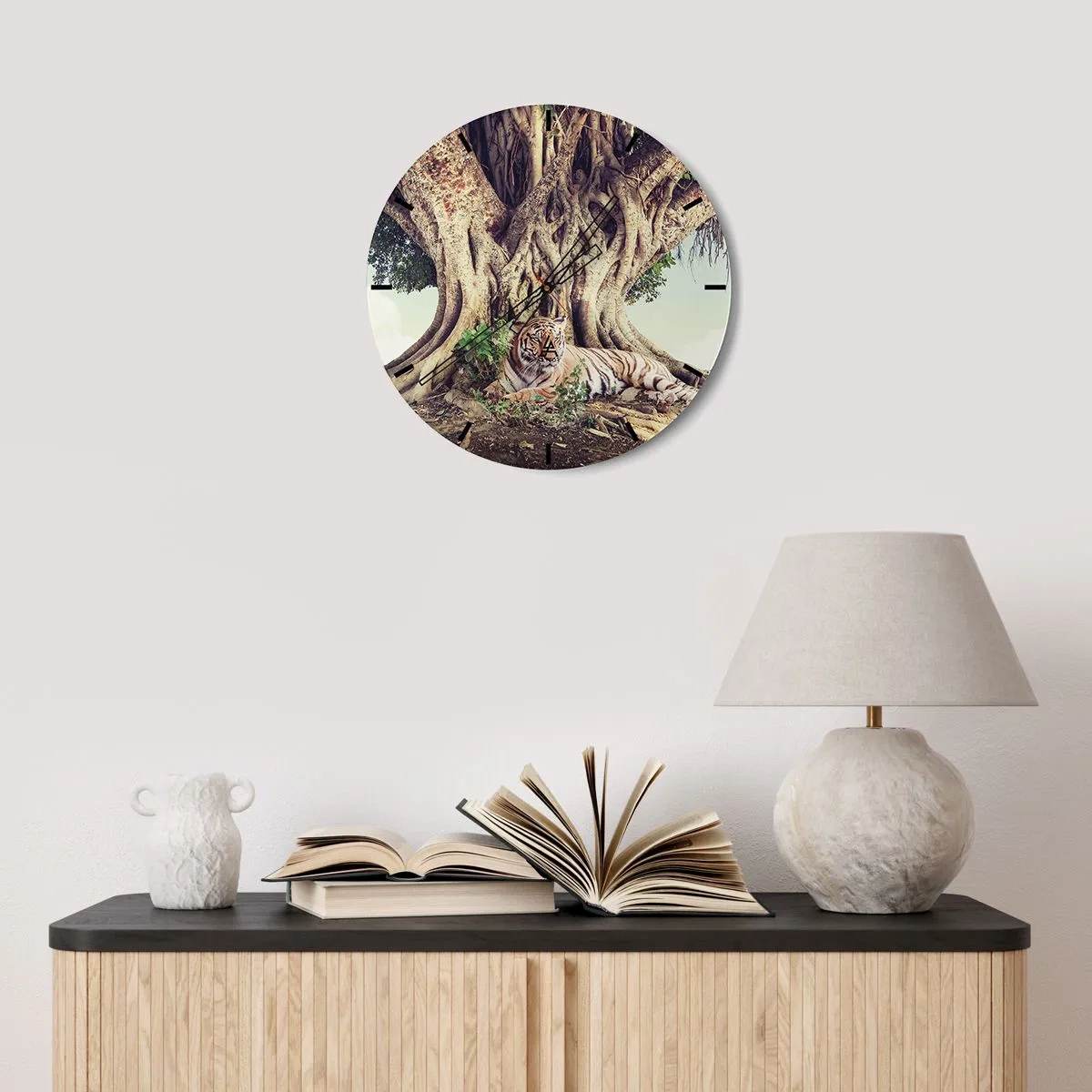 Wall clock - Clock on glass - A tiger lying at the foot of a mighty tree - 30x30cm - View from the Genesis - Modern wall decoration for the living room, kitchen, and bedroom ARTTOR