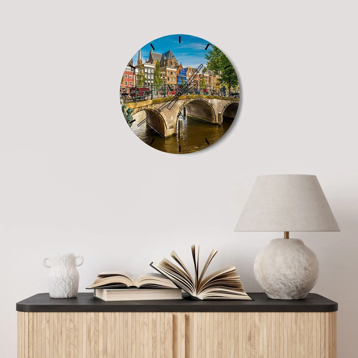 Wall clock - Clock on glass - Spring over the Canal - 40x40 cm