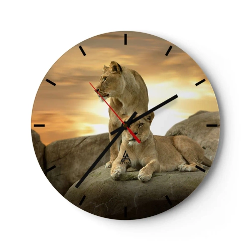 Wall clock - Clock on glass - Two lions against the setting sun - 30x30cm - Royal Majesty - Modern wall decoration for the living room, kitchen, and bedroom ARTTOR