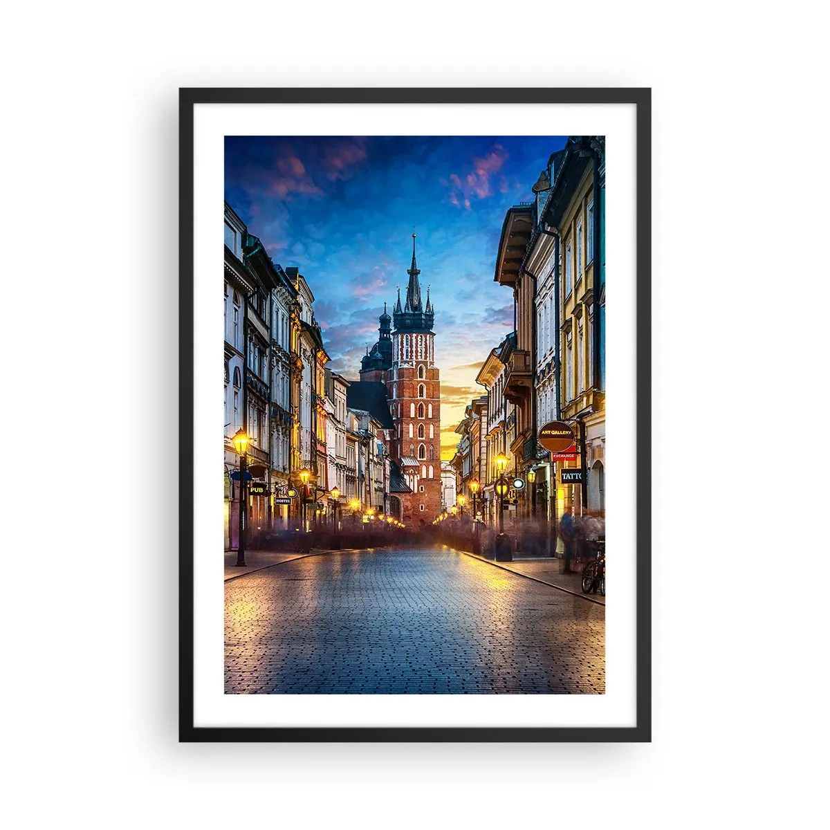 Poster in black frame - Evening view of Grodzka Street and St. Mary's Church in Krakow - 50x70cm - Charm of Cracow - Modern wall decoration for the living room and bedroom ARTTOR