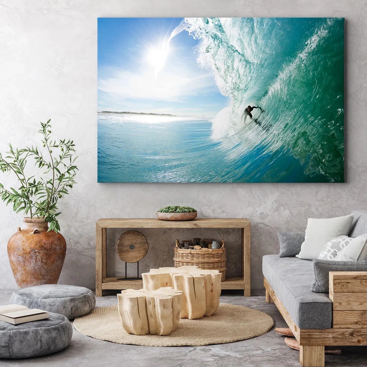 Canvas picture - A surfer riding a wave in the sunlight against a blue sky - 70x50cm - Riding the Wave - Modern wall decoration for the living room and bedroom ARTTOR