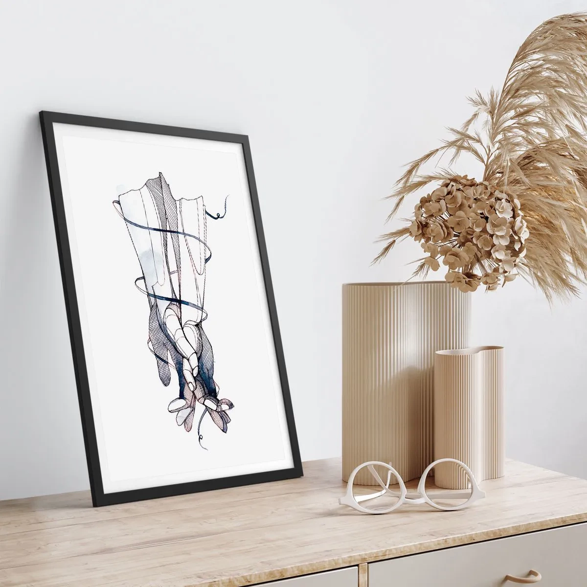 Poster in black frame - Artistic hands with delicate flowers and lines - 50x70cm - Study of Touch - Modern wall decoration for the living room and bedroom ARTTOR