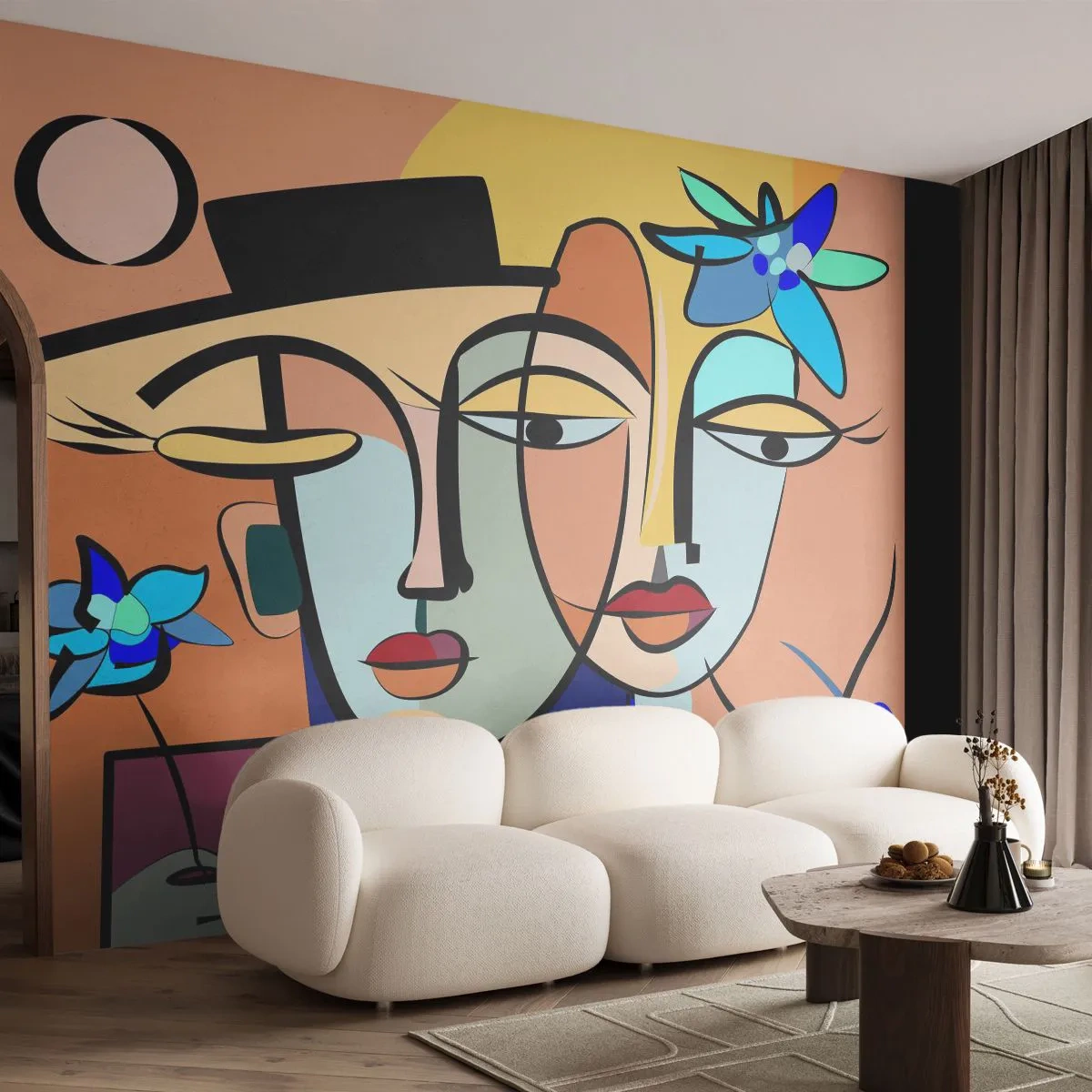 Photo Wallpaper Standard Eco - Abstract Cubist-style faces with flowers - 100x70cm - Rendez-vous Picasso Style - Modern wall decoration for the living room and bedroom ARTTOR