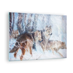 Glass picture - Three wolves in a winter forest surrounded by snow - 70x50cm - Watch out! It Is Coming - Modern wall decoration for the living room and bedroom ARTTOR
