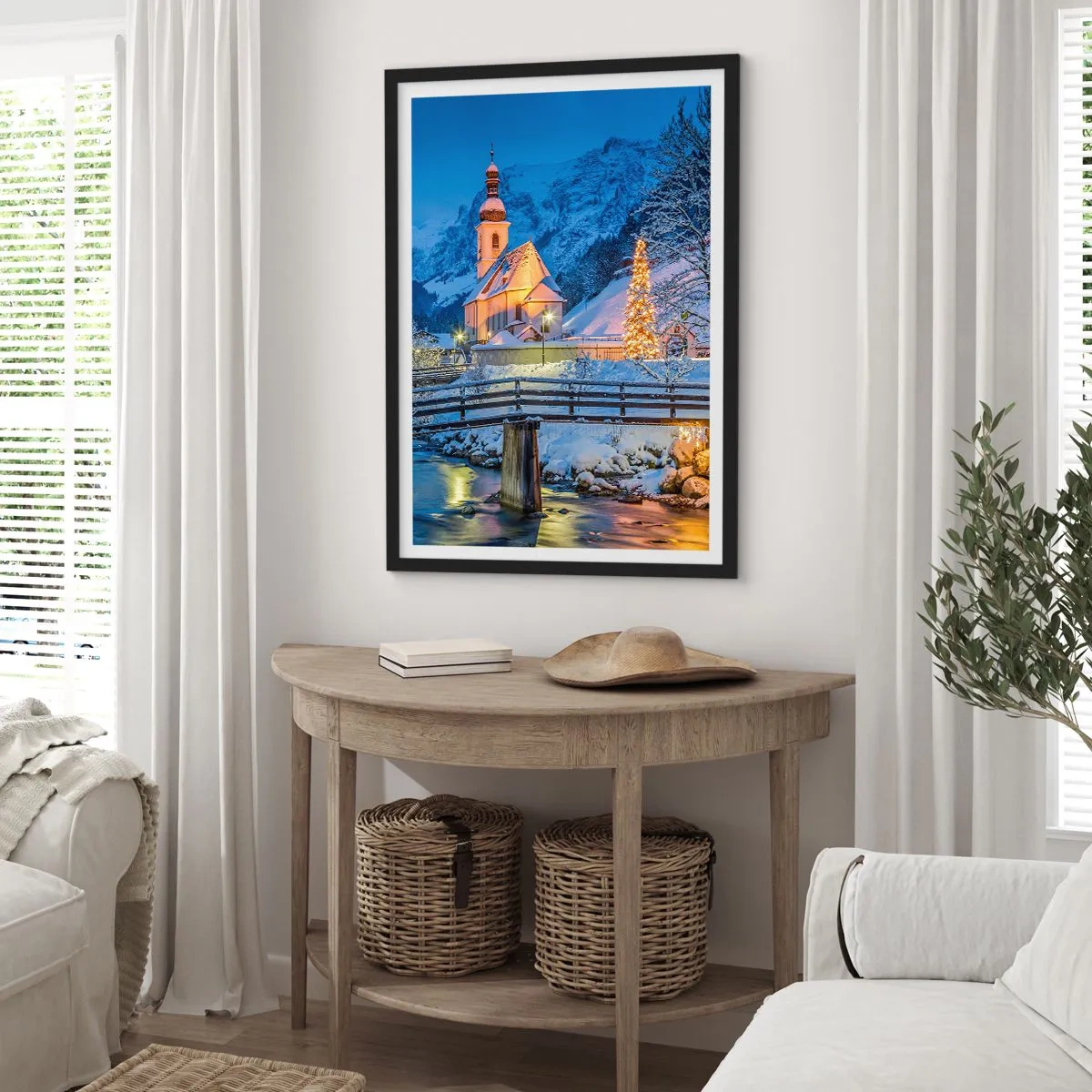 Poster in black frame - A church in a winter setting with a Christmas tree and holiday lights - 50x70cm - Spirit of Christmas - Modern wall decoration for the living room and bedroom ARTTOR