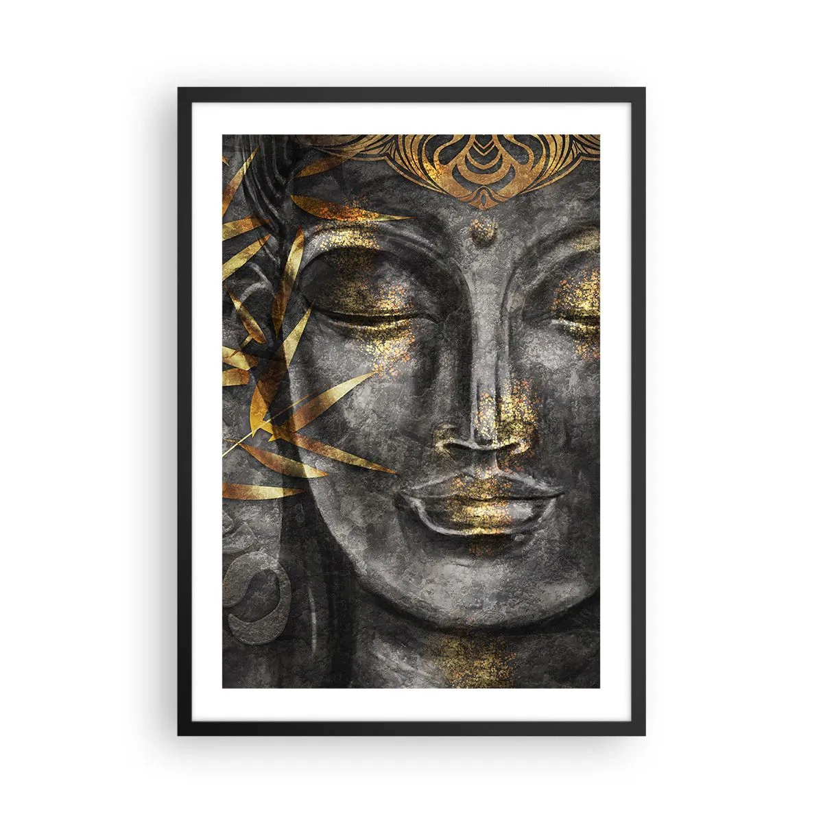 Poster in black frame - Portrait of Buddha with golden glow and bamboo leaf elements - 50x70cm - Feel the Peace - Modern wall decoration for the living room and bedroom ARTTOR