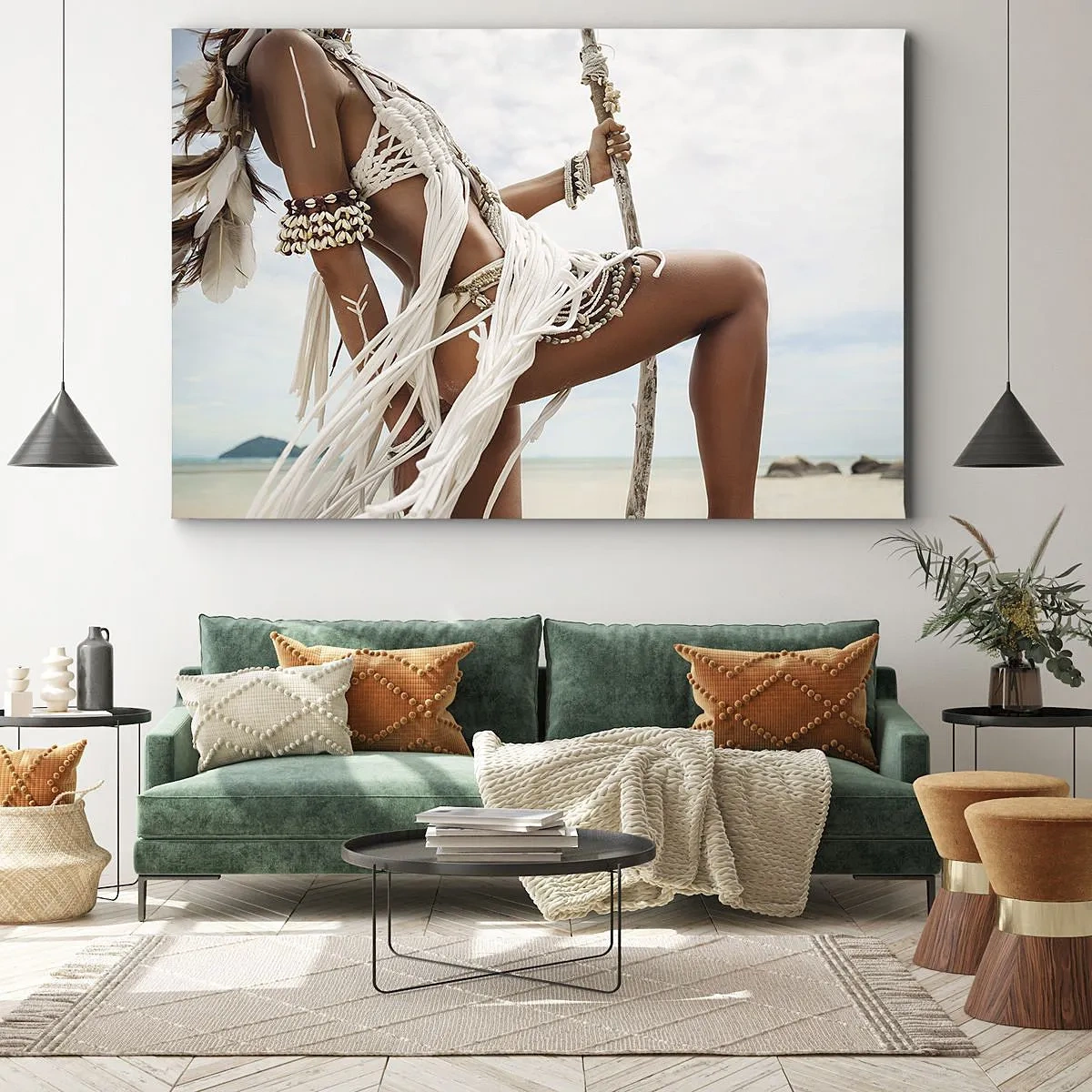 Canvas picture - A woman's figure in ethnic ornaments and clothing against the backdrop of a tropical landscape. - 70x50cm - Priestess of the Sun - Modern wall decoration for the living room and bedroom ARTTOR