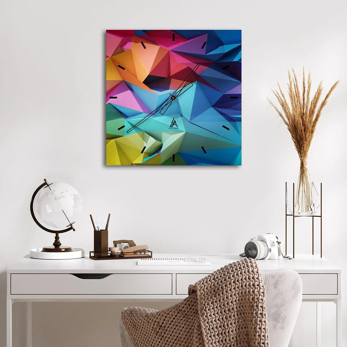 Wall clock - Clock on glass - Rainbow Origami - 40x40 cm